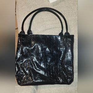 Maurices Black Vinyl Purse Tote Satchel Beautiful Large 3d Flower Double Handle